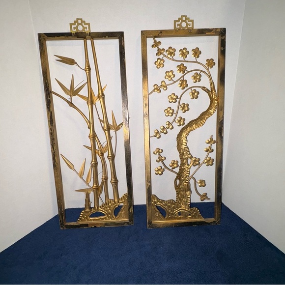 Pair 2 Vtg MCM NAN-KING Asian Wall Art 20" Gold Metal Flower Sculpture Hong Kong - Picture 5 of 8
